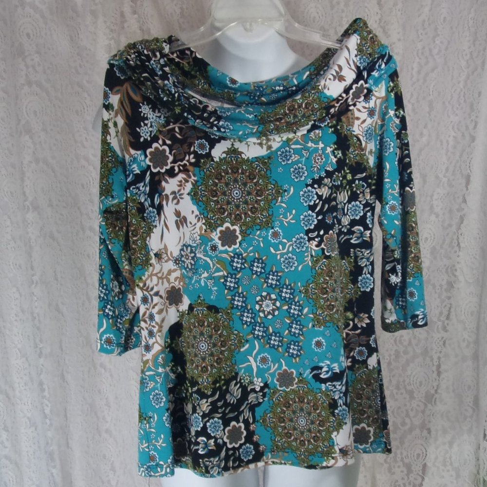 Susan Lawrence Paisley Print  Black Green Blue Top Blouse